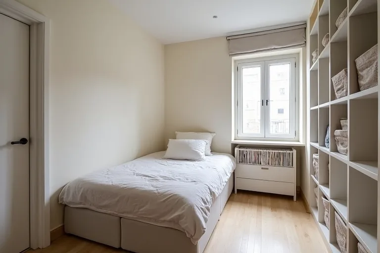 Small bedroom layout with simple storage placed to keep walking space clear