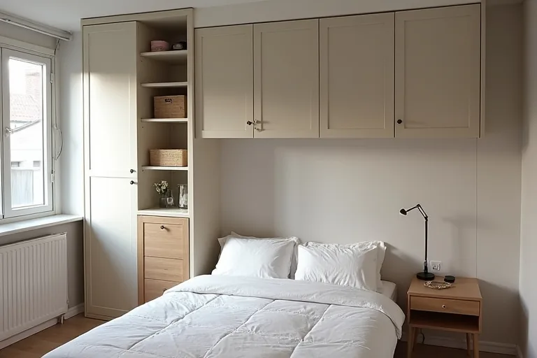 Cube storage organizer used as practical bedroom storage along one wall