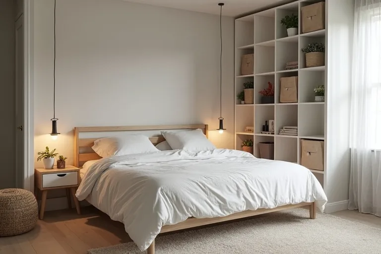Calm compact bedroom with open floor space and simple storage planning