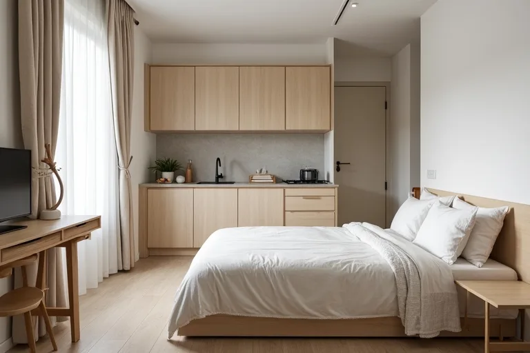 A compact studio apartment layout with defined sleeping and work zones, showing how space planning supports a calm room
