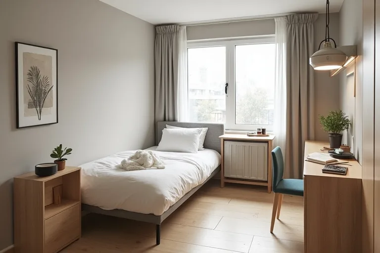 A narrow console table and cube storage used in a studio apartment to keep the entry and main floor area clear