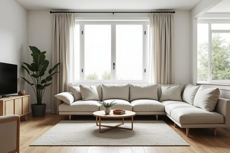 A lived-in living room with furniture arranged to leave an open walking path beside the seating area.
