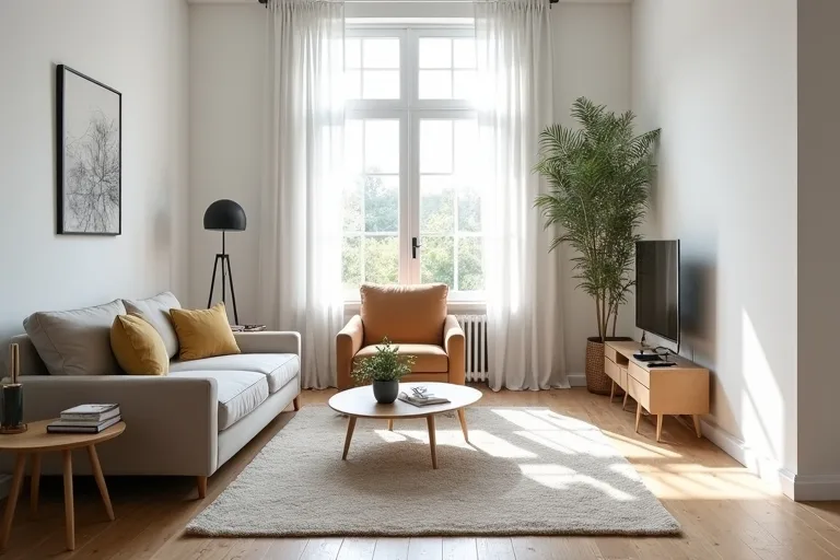 A modern living room showing how sofa scale, side tables, and seating balance affect the overall feel of the space.