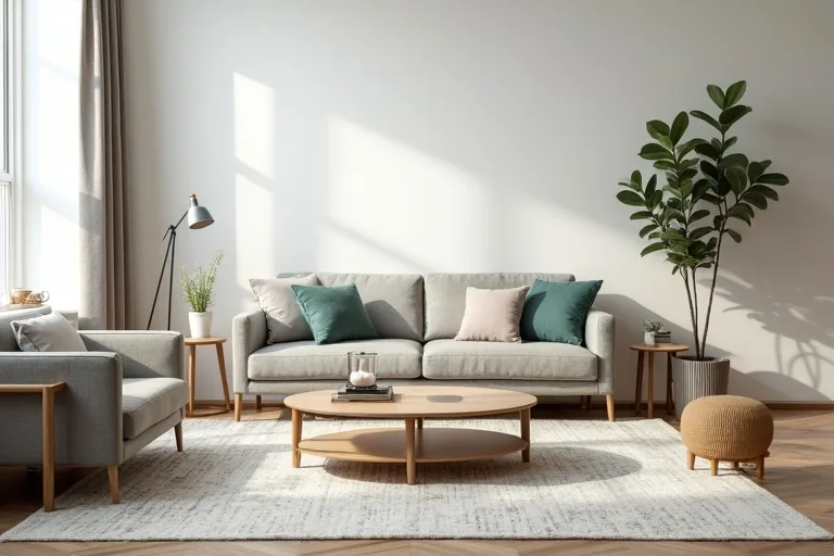 A grounded seating area with an area rug sized to support the furniture and keep the room visually balanced.