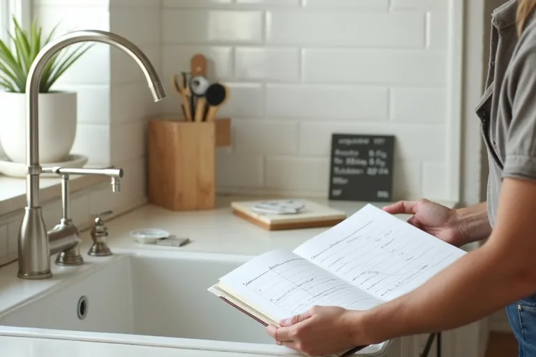 A bright kitchen with a brushed nickel pull-down faucet, backsplash samples, and a budget planner on the counter.