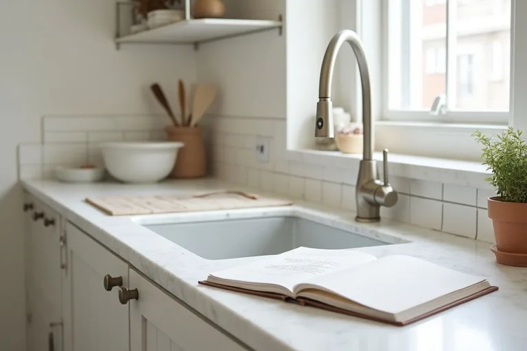 A modest kitchen refresh setup with samples and notes showing what may stay and what may change.