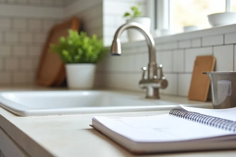 A budget planner and finish samples arranged on a kitchen counter during a refresh decision.