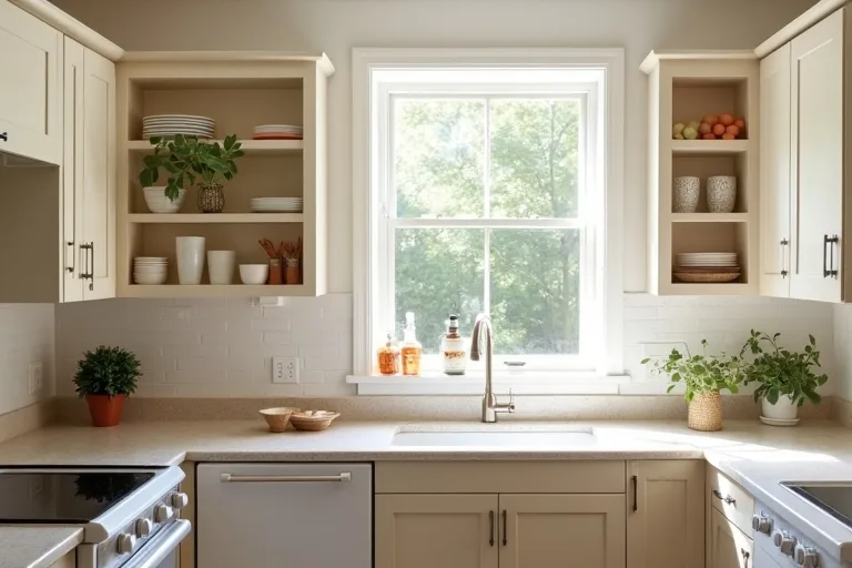 Close view of a budget-smart kitchen refresh with simple hardware and a brushed nickel faucet