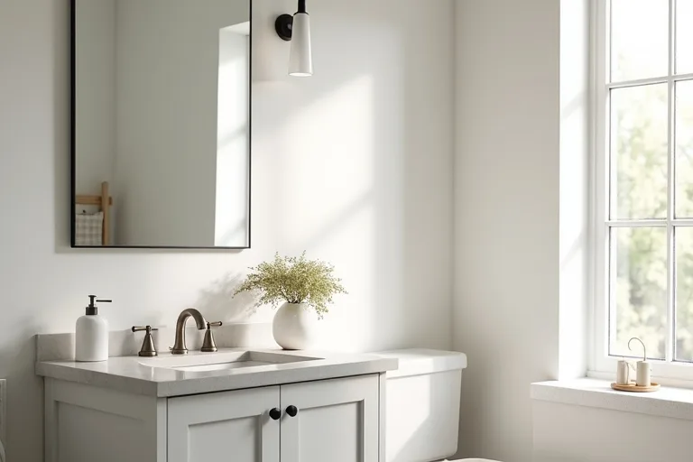 A practical bathroom planning scene showing a modest space that could be updated through either a budget or more comprehensive remodel.