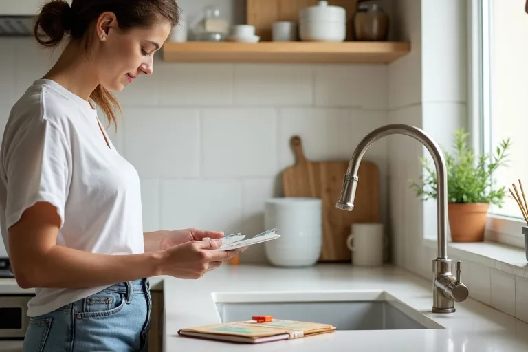 A practical kitchen refresh scene with a brushed nickel pull-down faucet, sample materials, and a budget notebook on the counter.