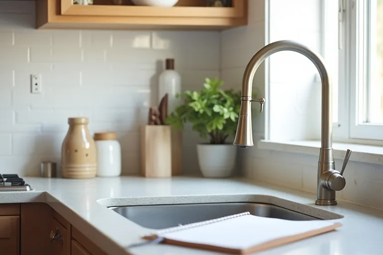 A practical kitchen refresh scene with a brushed nickel pull-down faucet, sample backsplash tile, and a budget planner on the counter