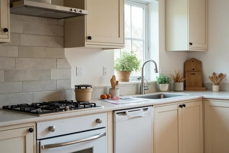 A calm kitchen planning scene with a person reviewing a renovation notebook beside a refreshed sink area.