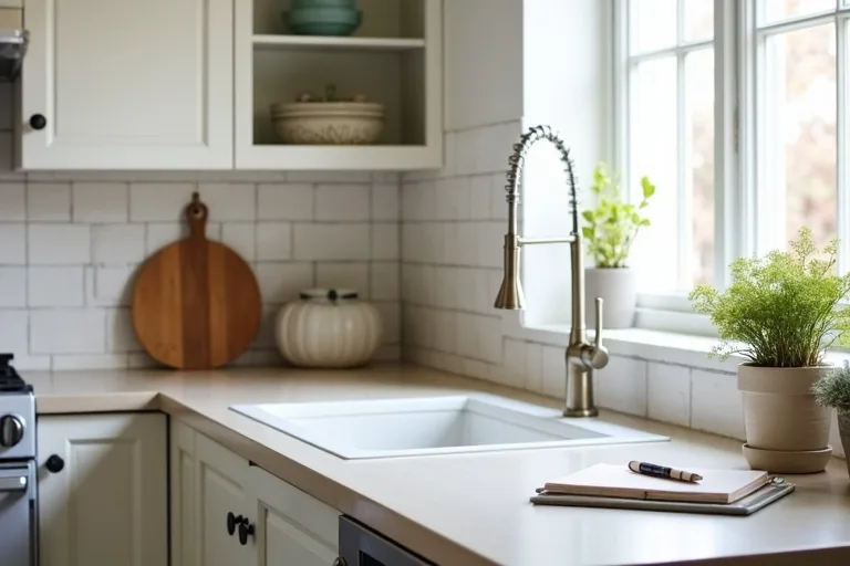 A modest kitchen counter with a brushed nickel pull-down faucet and practical refresh materials