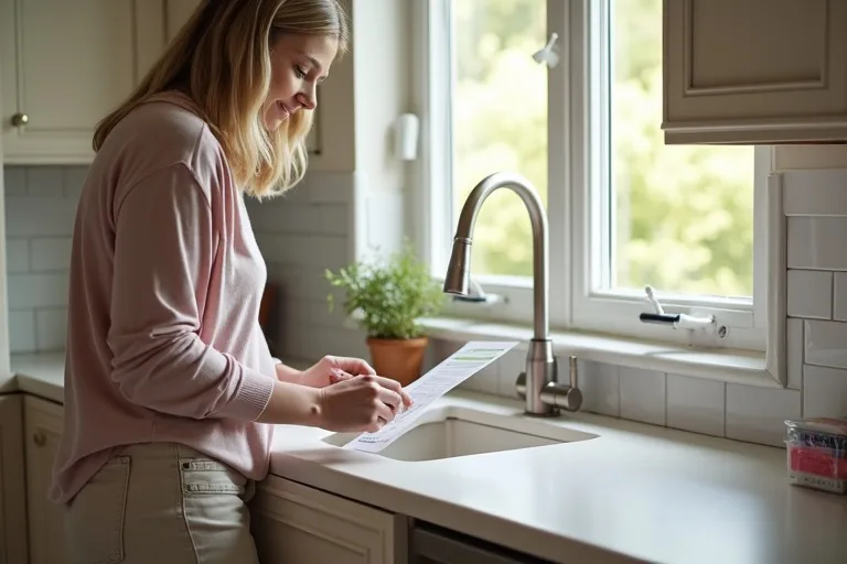A modest kitchen with sample boards and a brushed nickel faucet, showing a focused budget-friendly refresh in progress.
