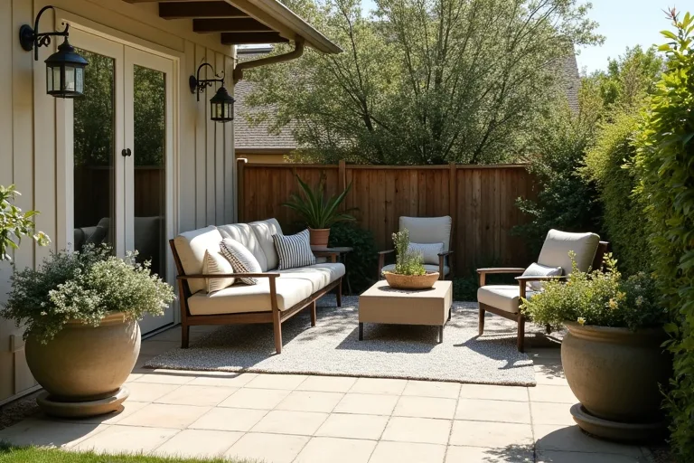 A modest patio layout showing a clear walkway beside a seating area with sofa, chairs, and rug.