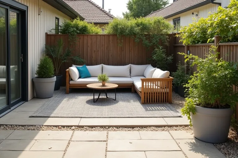 A patio layout in progress with clear spacing, a rug, and planters helping define the space.
