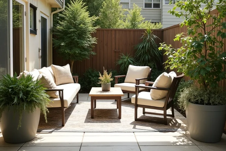 A patio corner styled with planters and a rug to show how layout details support balance and circulation.