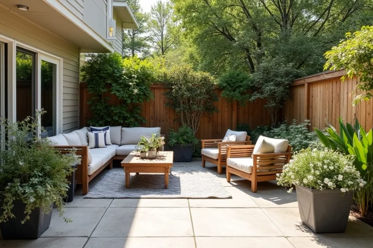 A realistic patio seating area with a rug, chairs, sofa, and planters arranged to show good circulation and balance.