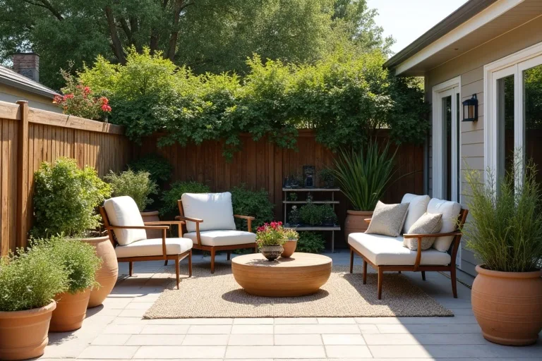 A modest patio with a weatherproof outdoor rug, simple seating, and large planters in a calm, practical outdoor layout.