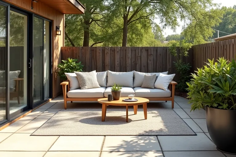 Outdoor seating arranged as one clear zone with space left open for movement.