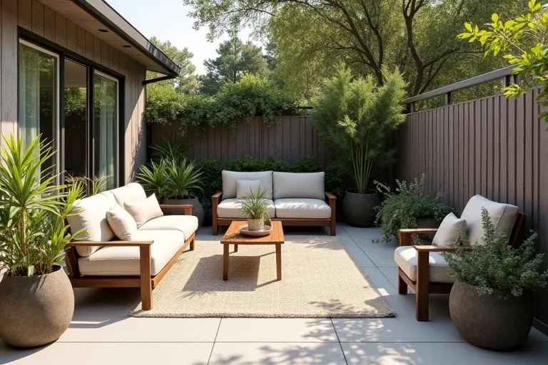 Outdoor seating arranged with enough breathing room to keep circulation clear on a patio.