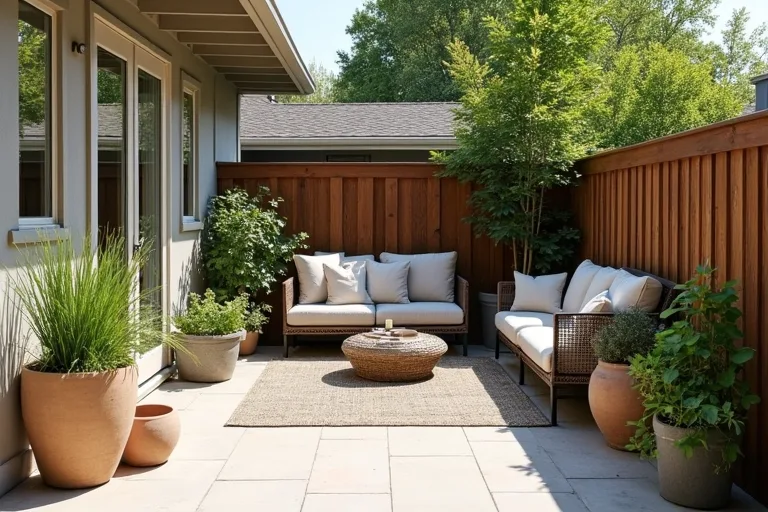 A modest patio showing a simple seating area with open walking space around it.