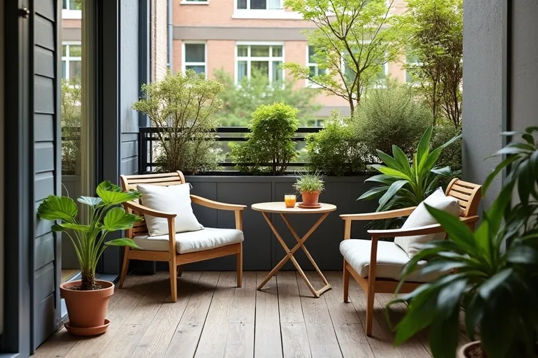 A small balcony at dusk with soft string lights, cushions, and a finished but uncluttered atmosphere.