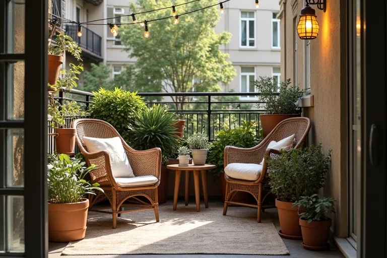 A small apartment balcony styled with simple budget decor, compact seating, plants, and string lights for a more finished look