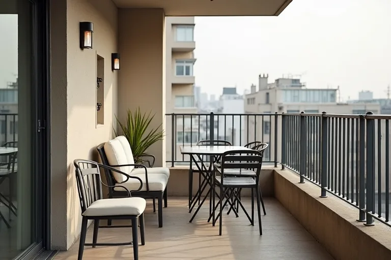 A small apartment balcony with a compact seating area and simple decor elements before styling decisions are made.