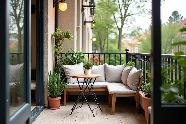A balcony with balanced furniture scale and simple planting that leaves the room feeling open.