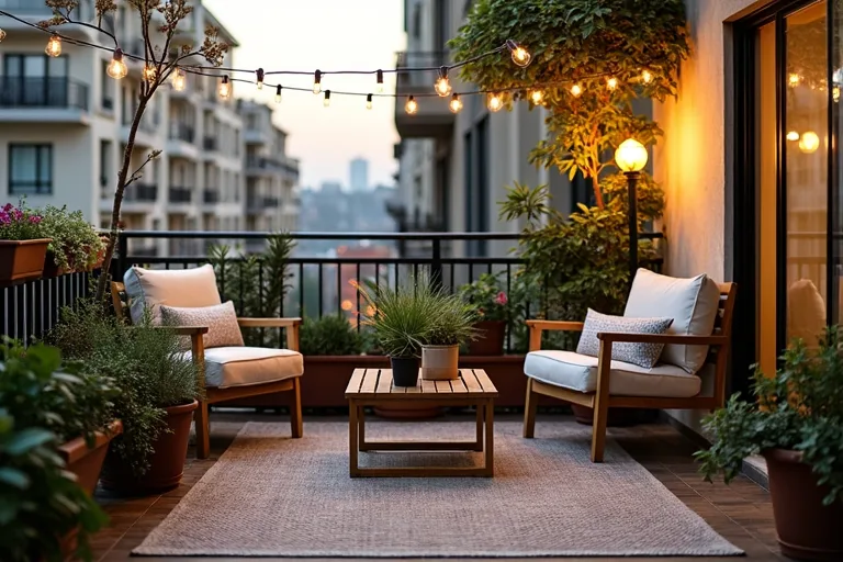 A compact balcony arrangement with chair, table, and plants that shows how a simple layout can feel complete