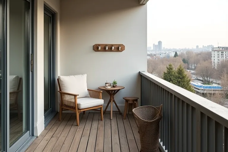 A small balcony with simple decor choices waiting to be finalized after the layout is planned.