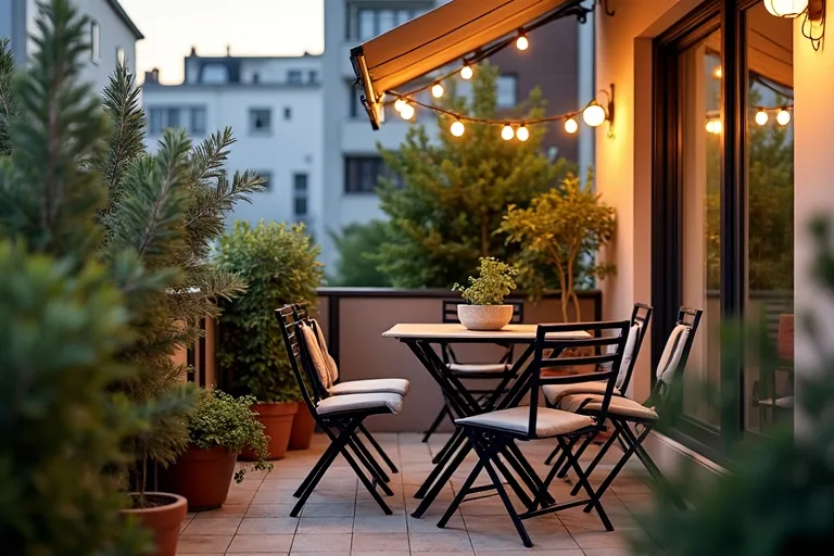 A calm apartment balcony styled with plants, cushions, and a simple seating arrangement.