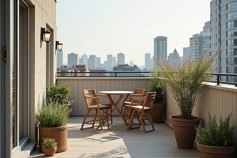 A balcony with subtle lighting and outdoor seating that highlights the importance of weather, light, and privacy before styling.
