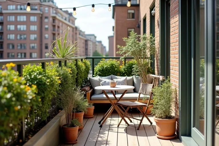 A compact balcony seating area arranged with enough walking space and a clear layout.
