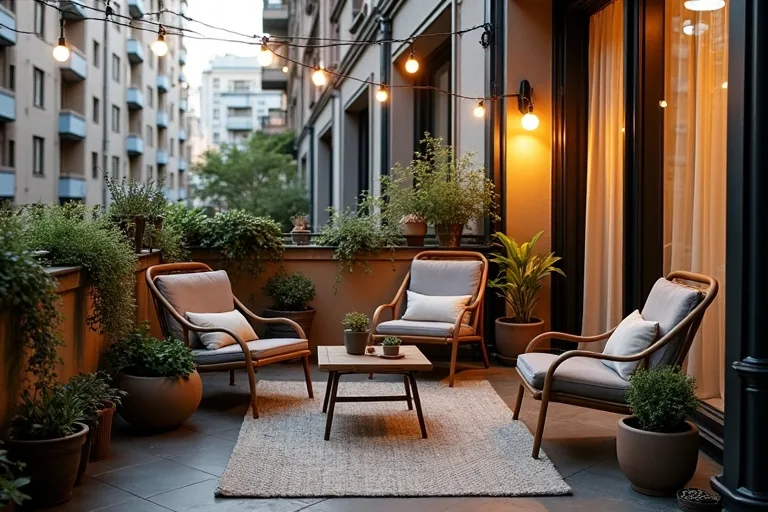 Simple balcony styling with string lights and a small seating area that shows a low-cost way to improve the mood