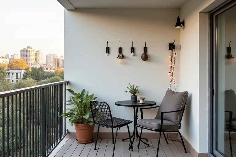 A compact balcony seating area showing the need to measure usable floor and wall space before adding decor.