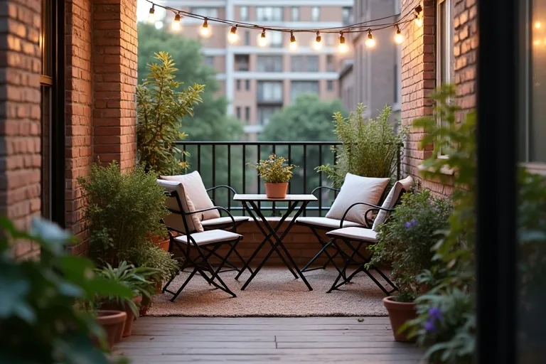 Warm balcony string lights, cushions, and plants used to finish a small outdoor seating area.