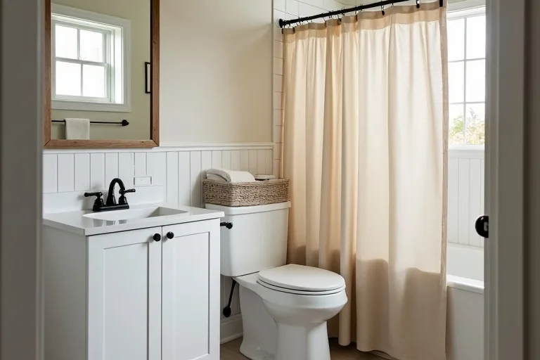 A small bathroom with a neutral shower curtain and slim over-toilet storage shelf in a calm, practical layout