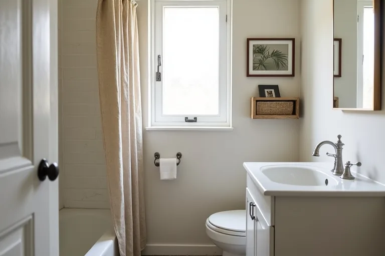 A calm small bathroom with soft textures and light finishes that keep the room feeling open