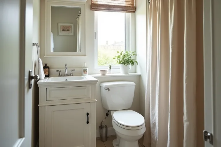 A small bathroom showing vertical storage above the toilet and simple everyday organization