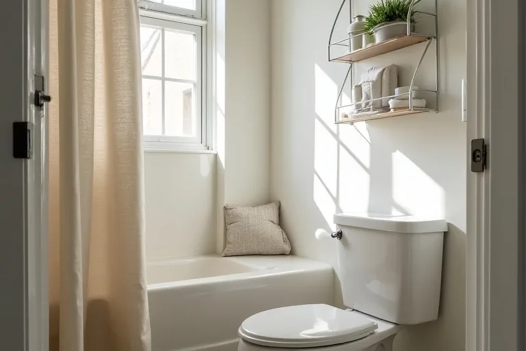A compact bathroom layout with clear walking space and simple storage that does not crowd the room