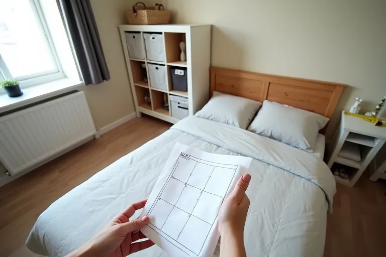 A small bedroom with an 8-cube storage organizer, fabric bins, and a layout planner on a bedside table.
