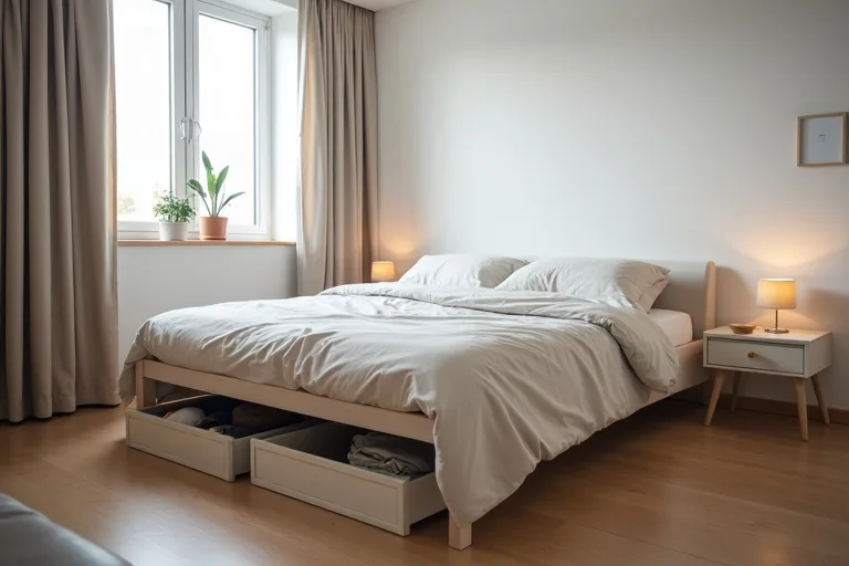 Small bedroom with hidden under-bed storage and compact nightstands in a calm, practical layout