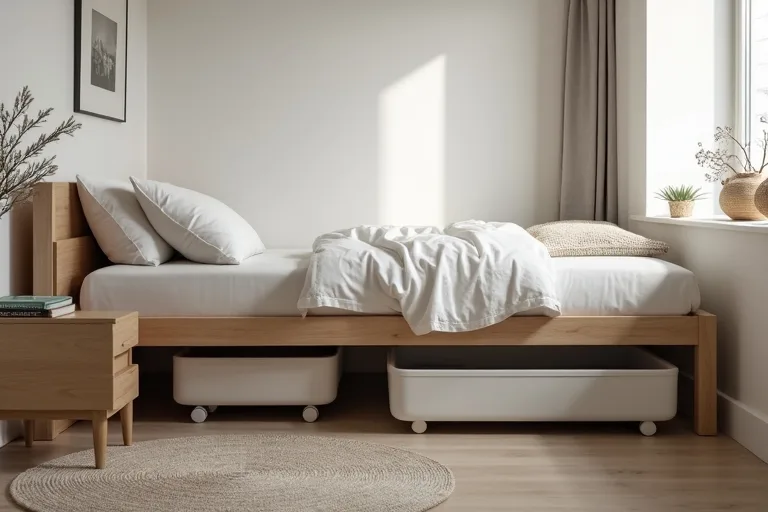 Compact bedroom layout with calm surfaces and simple bedside storage