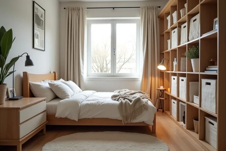A compact bedroom layout showing how a larger storage piece can still leave usable floor space