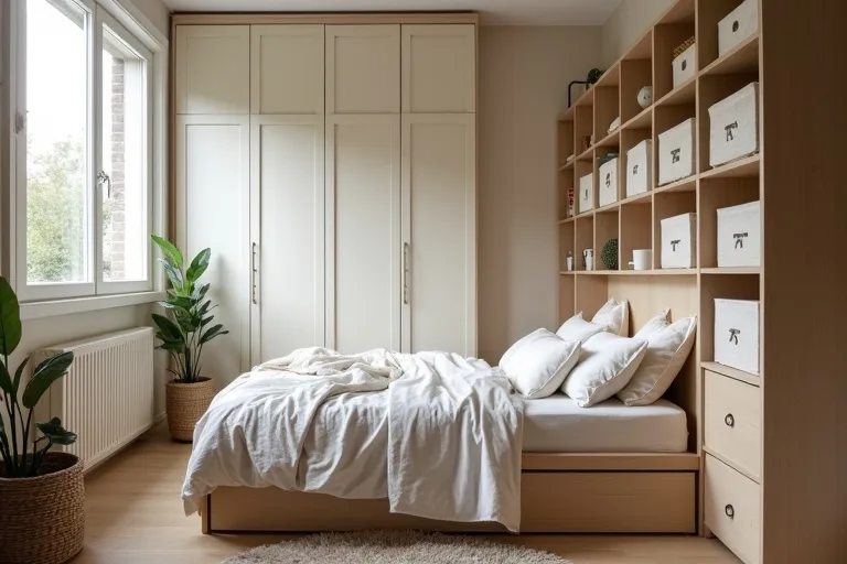 A small bedroom wall with cube storage used for simple, budget-friendly organization