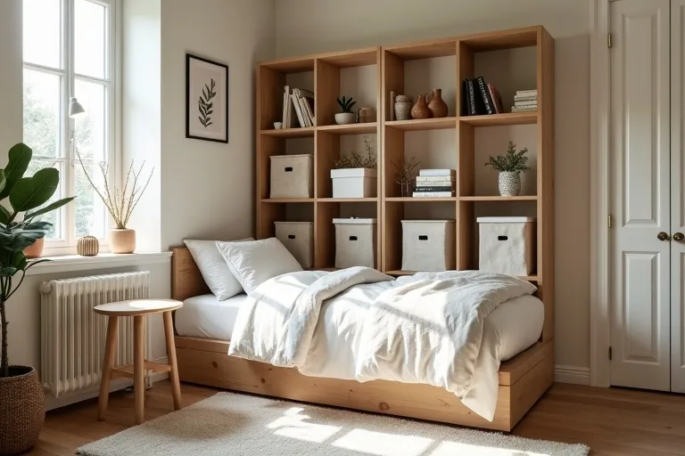 A small bedroom with an 8-cube storage organizer and fabric bins used for practical storage