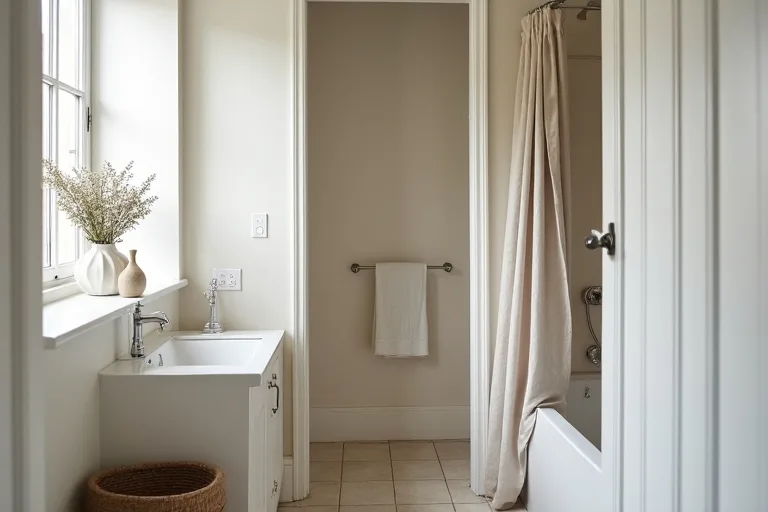 A calm compact bathroom styled with neutral finishes and a restrained refresh that keeps the room feeling open.