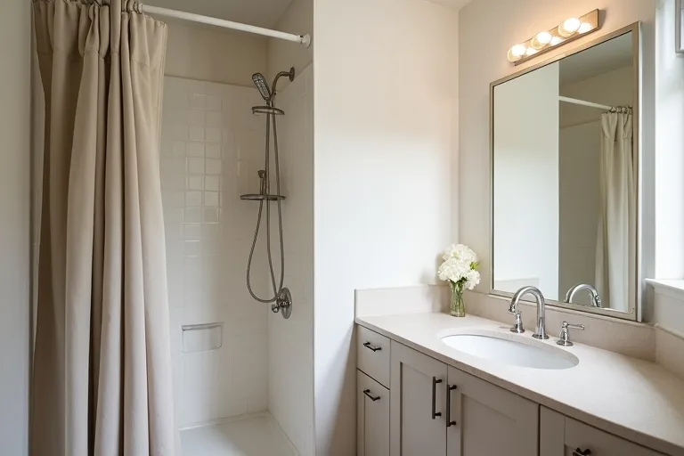 A compact bathroom layout with a simple vanity and clear floor space that helps the room feel easier to move through.